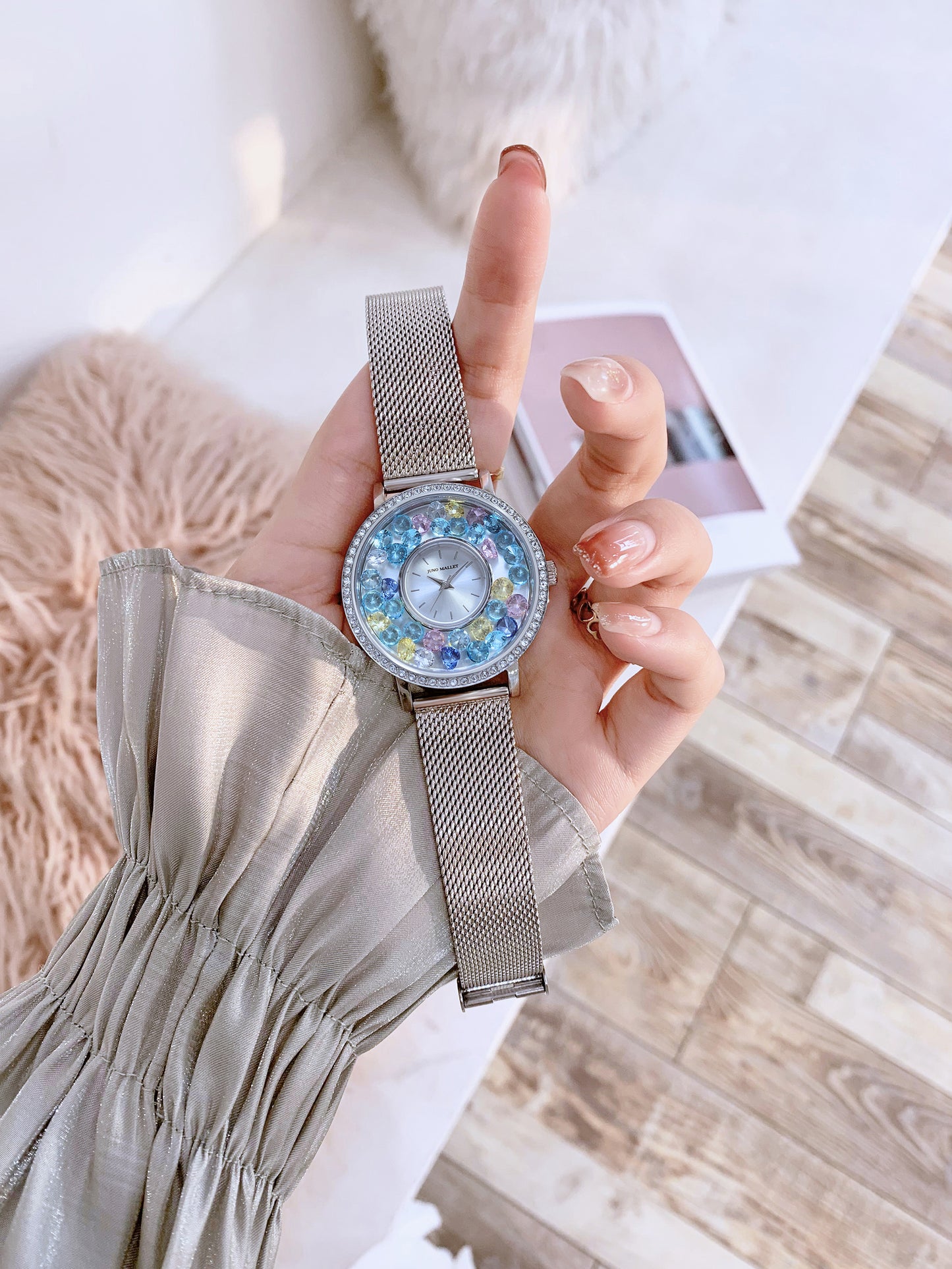 Crystal Lively Locket Watch | Silver Minimalist Watch with DIY Charms | Floating Rhinestones