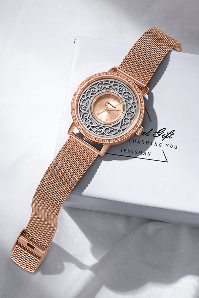 水晶活潑小盒手錶|具有藝術魅力的玫瑰金極簡主義手錶|雪銀戒指