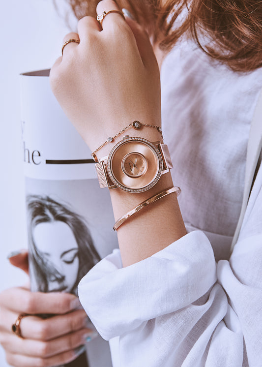 Crystal Lively Locket Watch | Women Rose Gold Minimalist Watch with Secret Locket to Store Charms