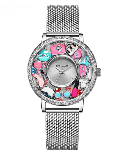 Crystal Lively Locket Watch | Ladies' Silver Minimalist Watch + DIY Floating Charms | Fashion Miss