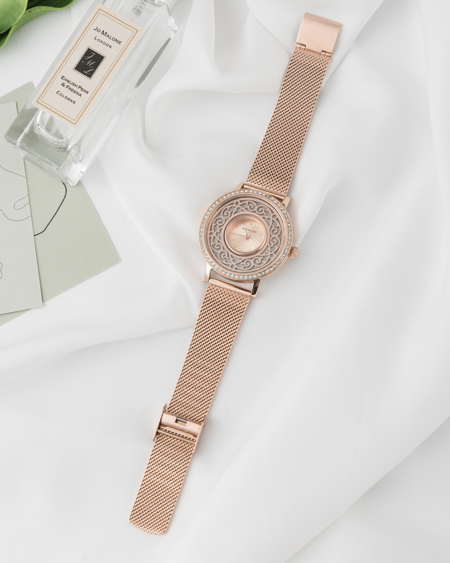Crystal Lively Locket Watch | Rose Gold Minimalist Watch with Artistic Charm | the Silver Hand Carved Flower