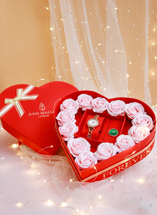 FOREVER LOVE Gift Box, Premium Large Heart Gift Set, Large Floral Gift Box with Lids, Flowers and Foldable Ribbons | no watch included
