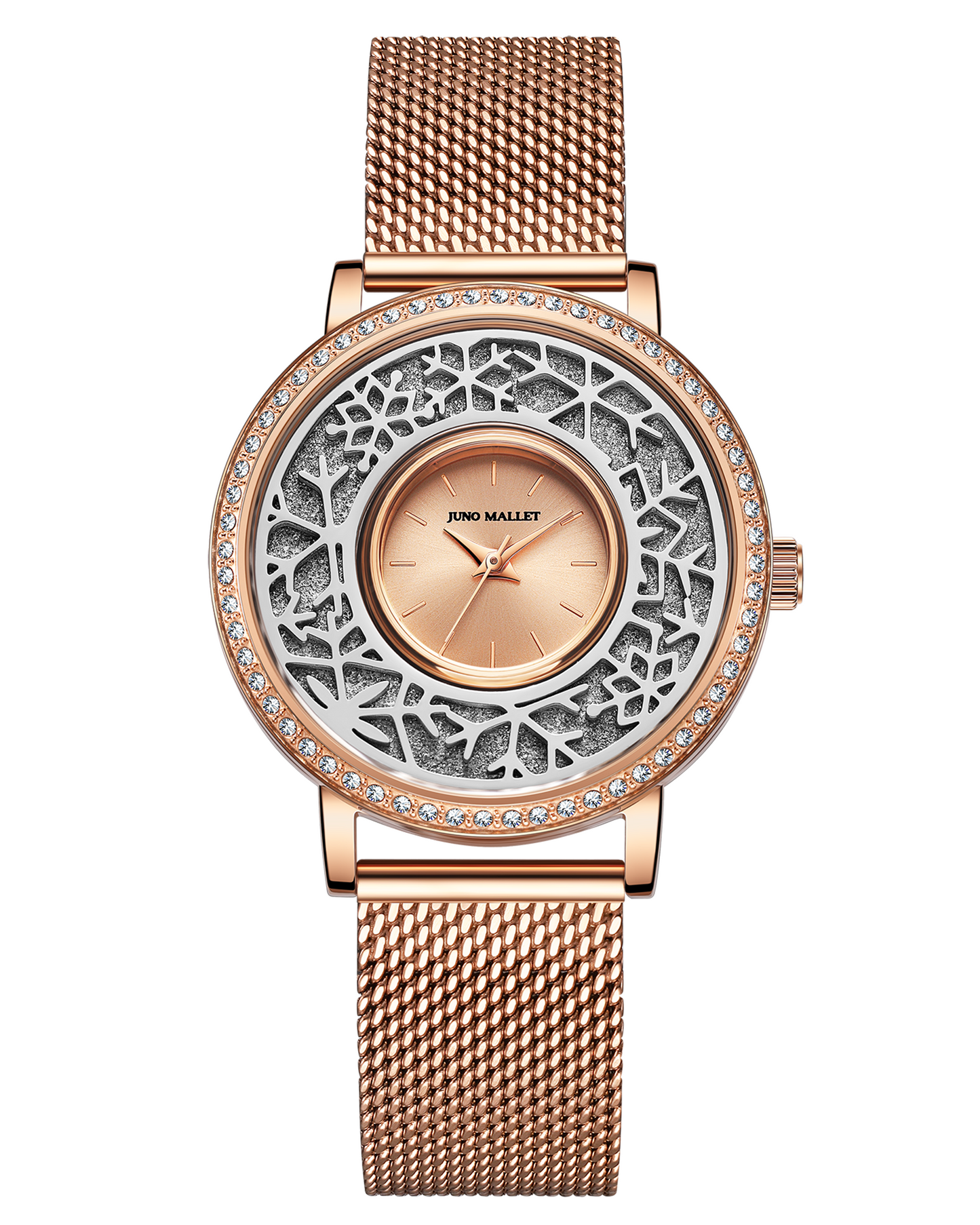 Crystal Lively Locket Watch | Rose Gold Minimalist Watch with Artistical Charm | Silver Ring of Snow